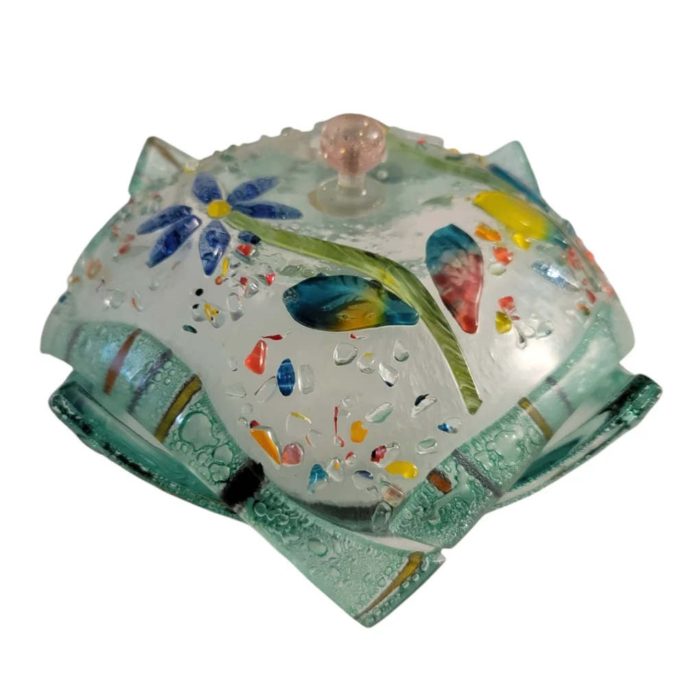 Hand Crafted Fused Glass Trinket Box Floral Multicolored